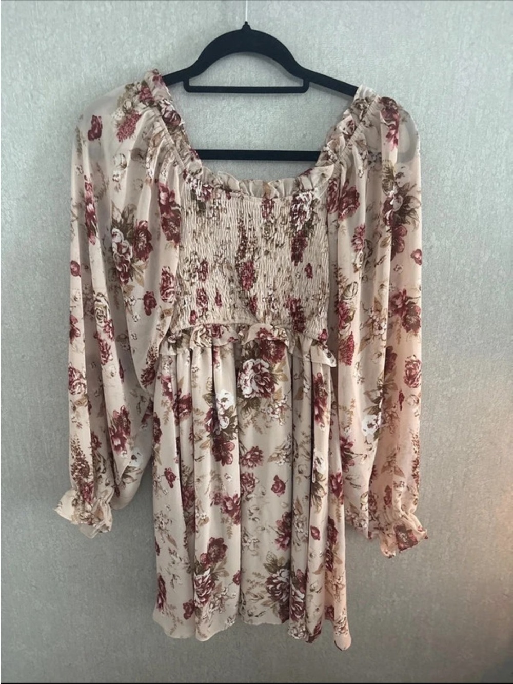 entro Cream Floral Smocked Long Sleeve Mini Dress with Rust Roses